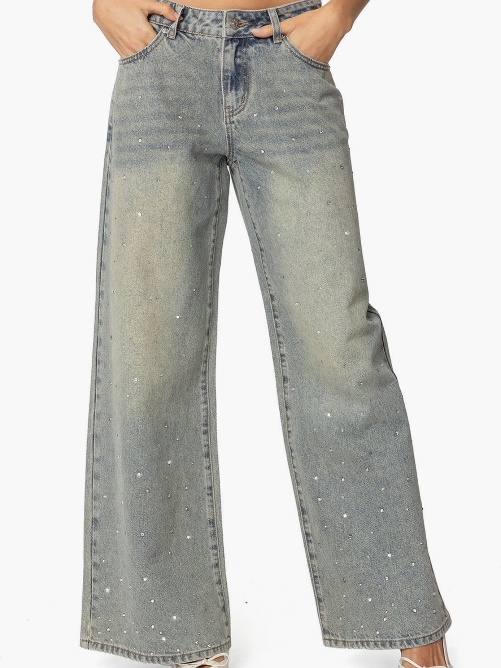 Edikted Light Wash Wide Leg Jeans with Crystal Embellishment.